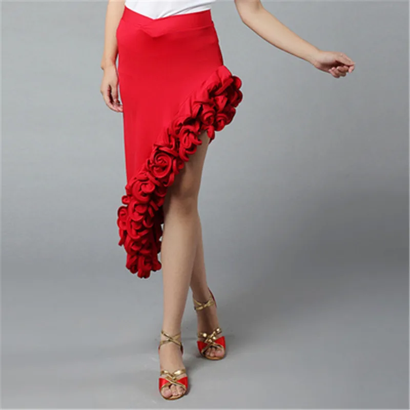 Nueva falda de baile latino con reborde para mujer, esmoquin para mujer, Falda de baile latino con espina de pescado, traje de baile moderno Cha color Rojo