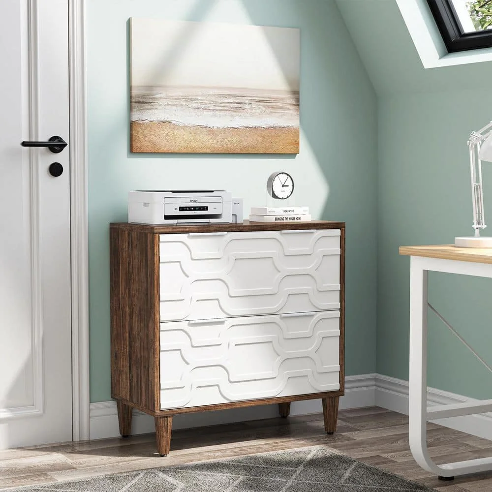 

Brown White Wood 31.5 in. Vertical Simple Modern Industrial File Cabinet Printer Stand 2-Drawer Freestanding