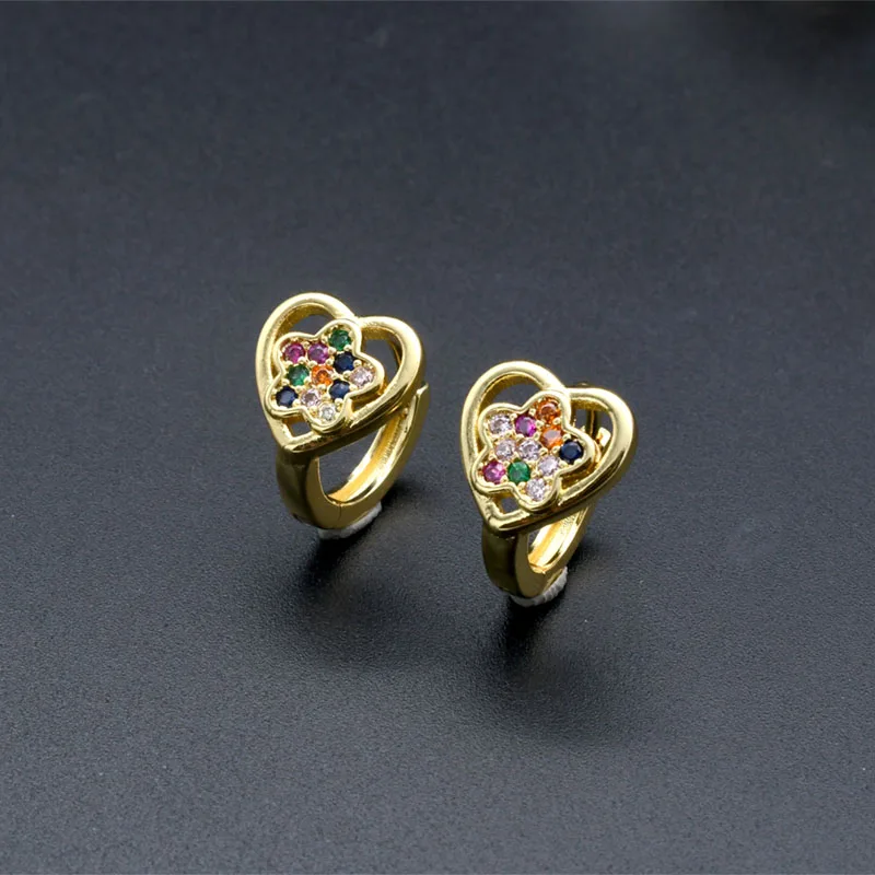 

Wholesale Designer Earrings Nickle Free Gold Plated Copper Rainbow CZ Setting Flower Heart Clip On Hoop Earring