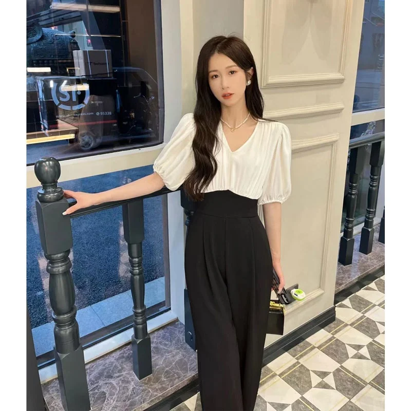 

Женский летний комбинезон Ele с высокой талией и широкими штанинами, модель 2026 года, с цветовыми блоками, стройнящий, для офиса, из полиэстера