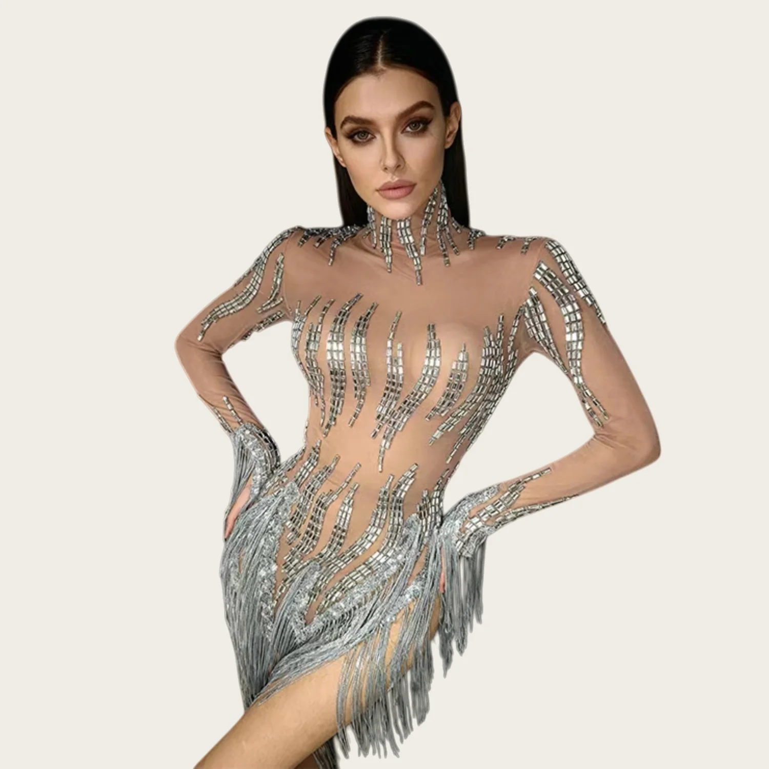

Sparkly Rhinestone Tassel Short Dresses Nightclub Drag Queen Performer Wear Latin Dance Dress Sexy Sheer Mesh Party Outfit Reqi