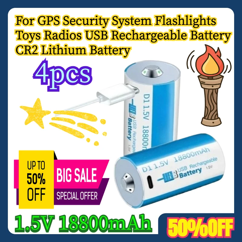 

4pcs 1.5V 18800mAh For GPS Security System Flashlights Toys Radios USB Rechargeable Battery CR2 Lithium Battery