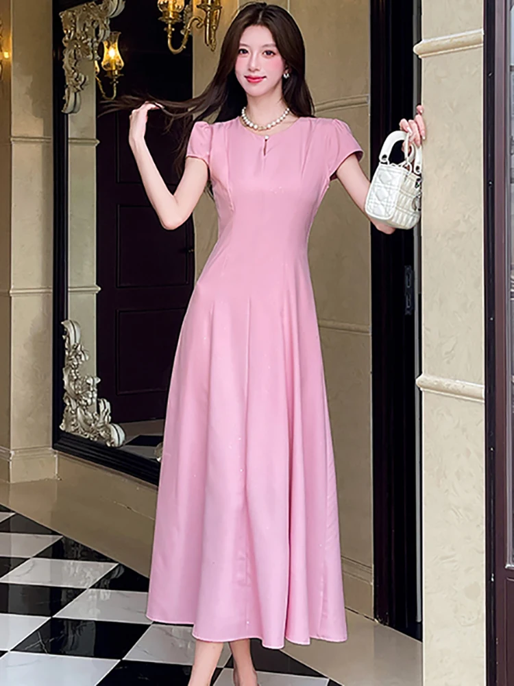 

Women Pink Short Sleeve Bodycon Ruffled Long Dress Summer Elegant Luxury International Dress 2025 Korean Fashion One Piece Dress