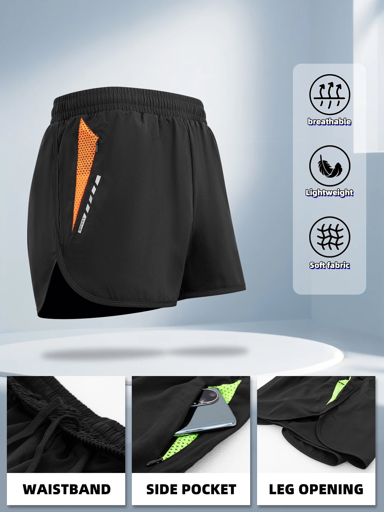 Men\'s Running Shorts with Zipper Pockets Elastic waist Black Gym Shorts Breathable Fabric Running Workout Athletic Shorts 2pcs