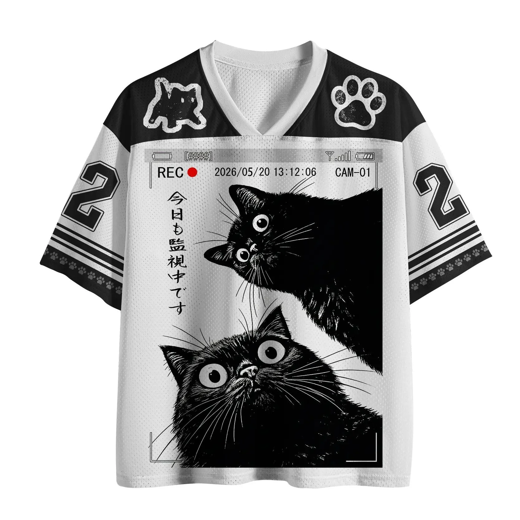 New Unisex Dark Kawaii Mesh Jersey T Shirt, Japanese Black Cat Octopus Graphic V Neck Short Sleeve Oversized Festival Streetwear