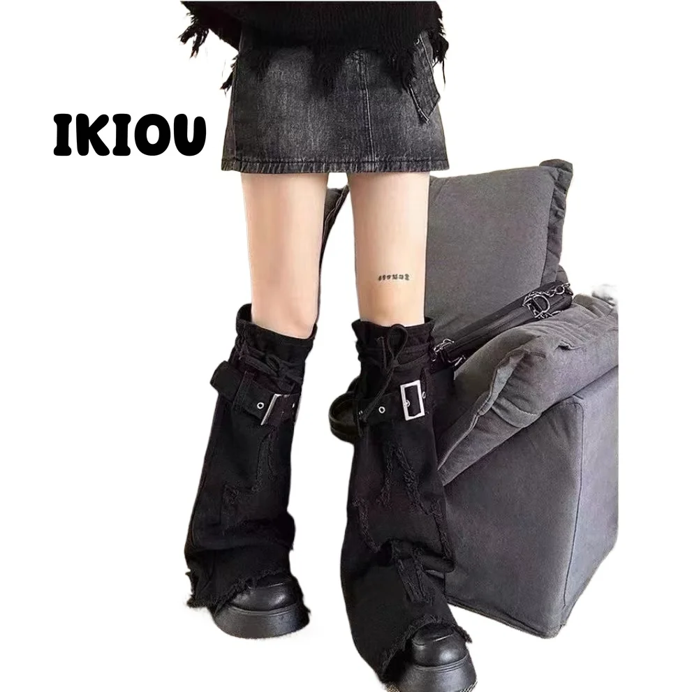 IKIOU Y2K Punk Rock Black Denim Leg Warmers with Drawstring Cross Detail for Slim Fit and Trendy Ins Girls