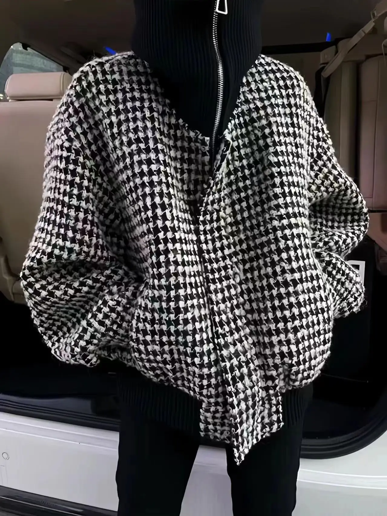 Hong Kong Style Thousand Bird Plaid Jacket With a High Neckline and Thick Zipper Design, Women's Early Spring New 2024