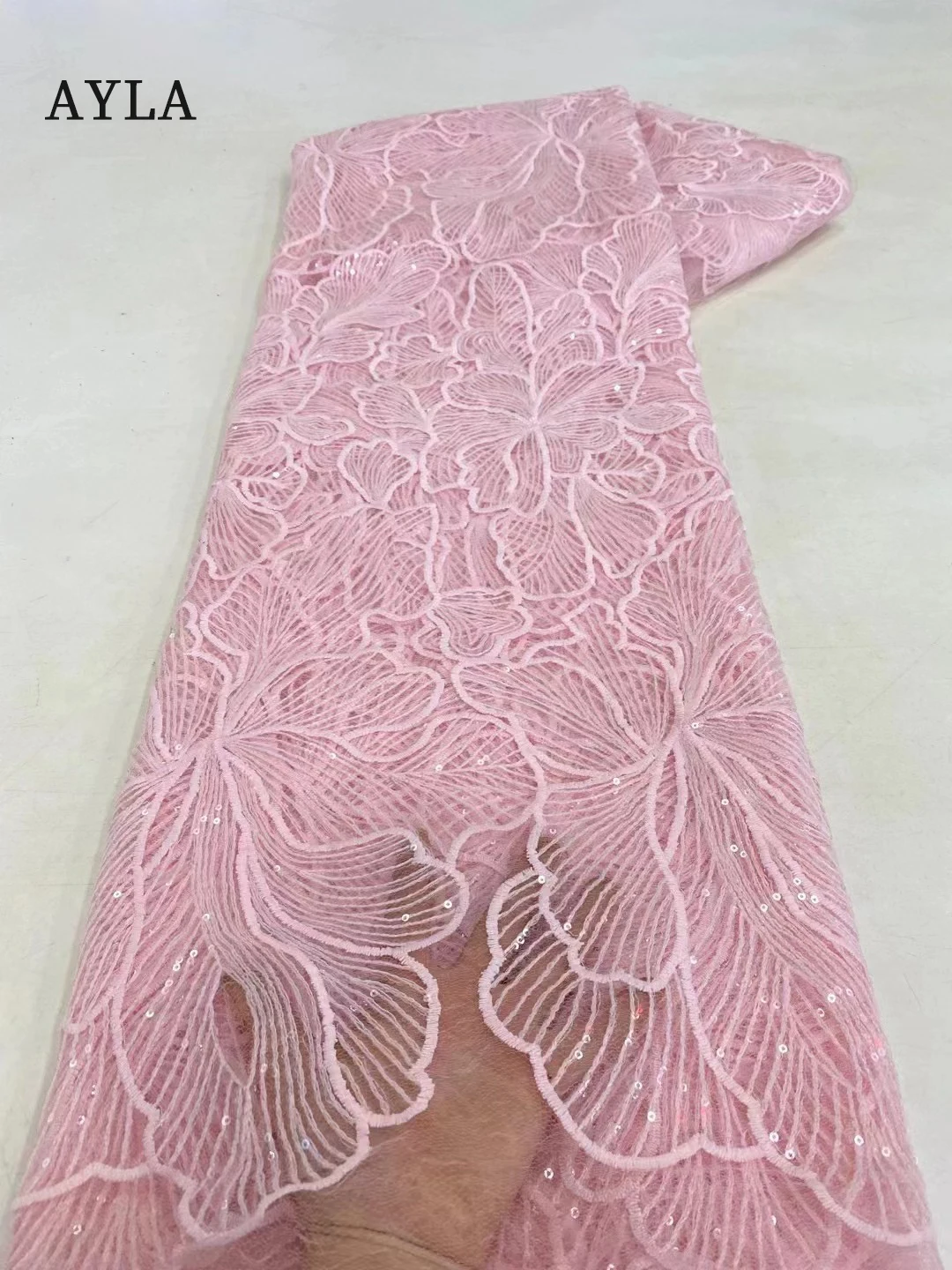 Newest Pink lace fabric Embroidered on Tulle Mesh African Nigerian sequin fabric cloth lace materials for Women Sewing 5 Yards