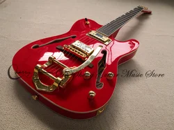 Red Electric Guitar, Tel Guitar, Hollow Guitar, Golden Tremolo Rocker, Fixed Bridge,Rosewood Fingerboard