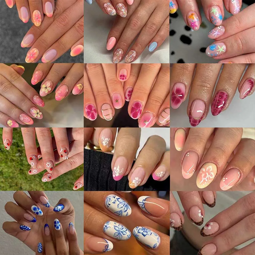 Flower Nails 288Pcs(12Mixed) Short Oval Hibiscus Flower Nails Cute Bee Nails & Beetle Nails Design French Acrylic Press On Nails