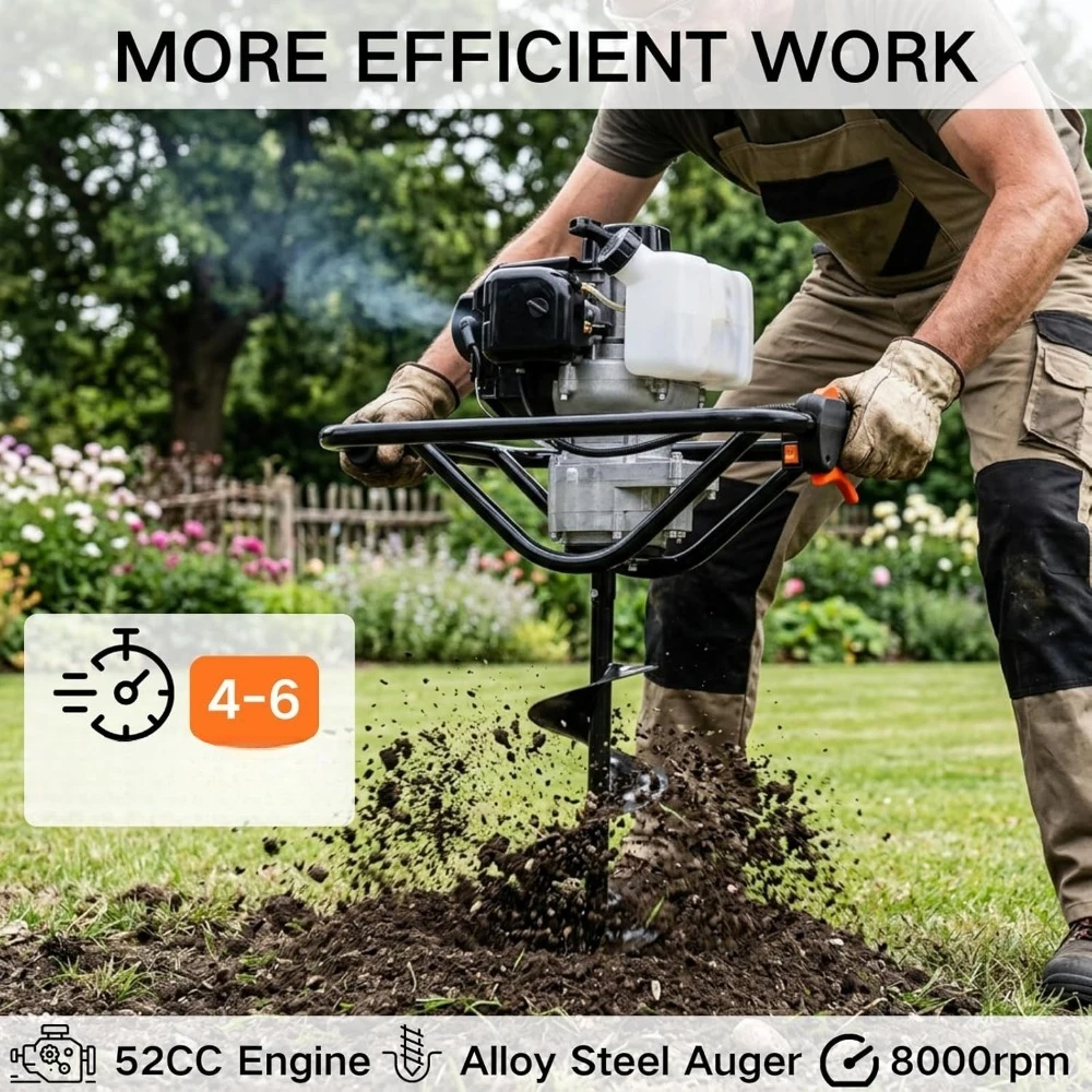 Post Hole Digger - Gas Powered Earth Auger 52cc 1800W