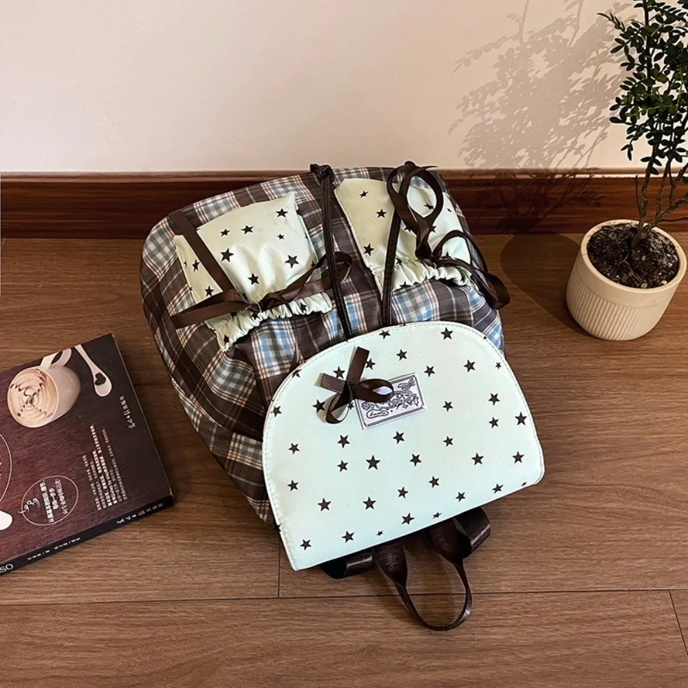 Sweet Bow Double Shoulder Bag Star Print Contrast Color Student Schoolbags Plaid Pattern Grid Pattern Mint Green Small Backpack