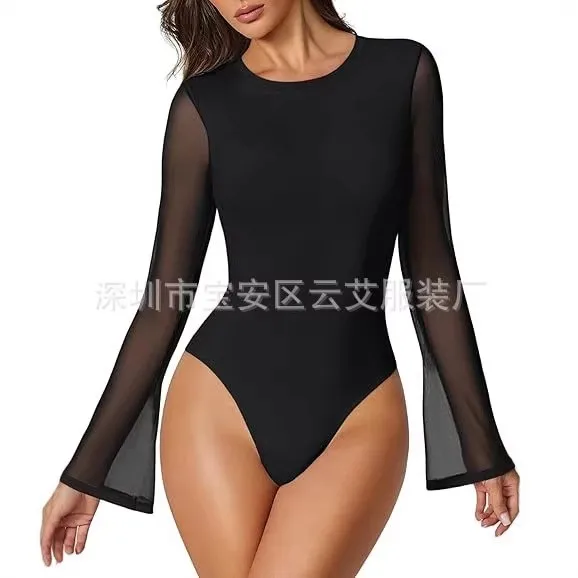 Seamless Patchwork Bodysuit Bodycon Elegant Commuter with Long Sleeve Capri Length Bodycon Fit Regular Sleeve Pullover Spring