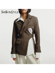 TWOTWINSTYLE Colorblock Spliced Pockets Chic Coats For Women Lapel Long Sleeve Patchwork Button Fashion Jackets Female Fashion