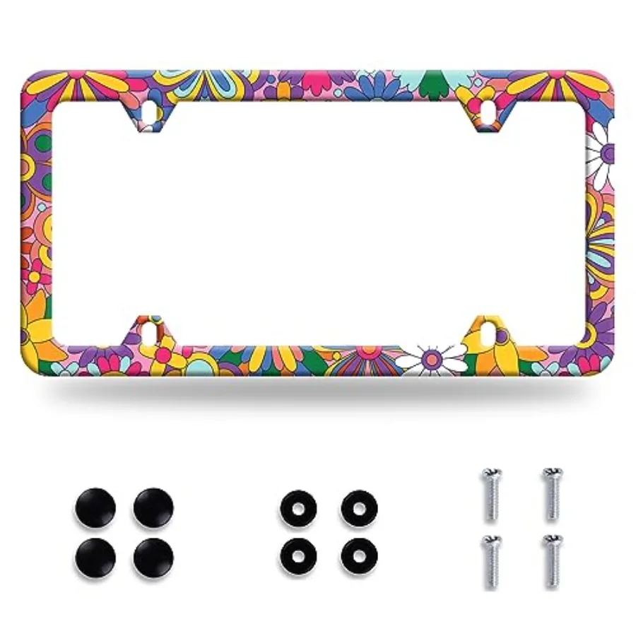 

Hippie Flowers License Plate Frame Cute Floral License Plate Colorful Stainless Steel Funny Auto Parts Beautiful License Plate