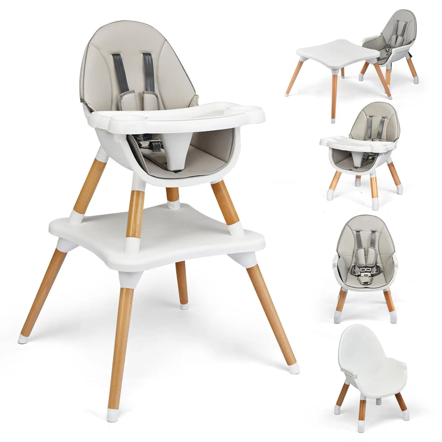 Baby High Chair, 5-in-1 Convertible Wooden Highchair and Toddlers/Table and Chair Set/Toddler Chair with Safety Harness