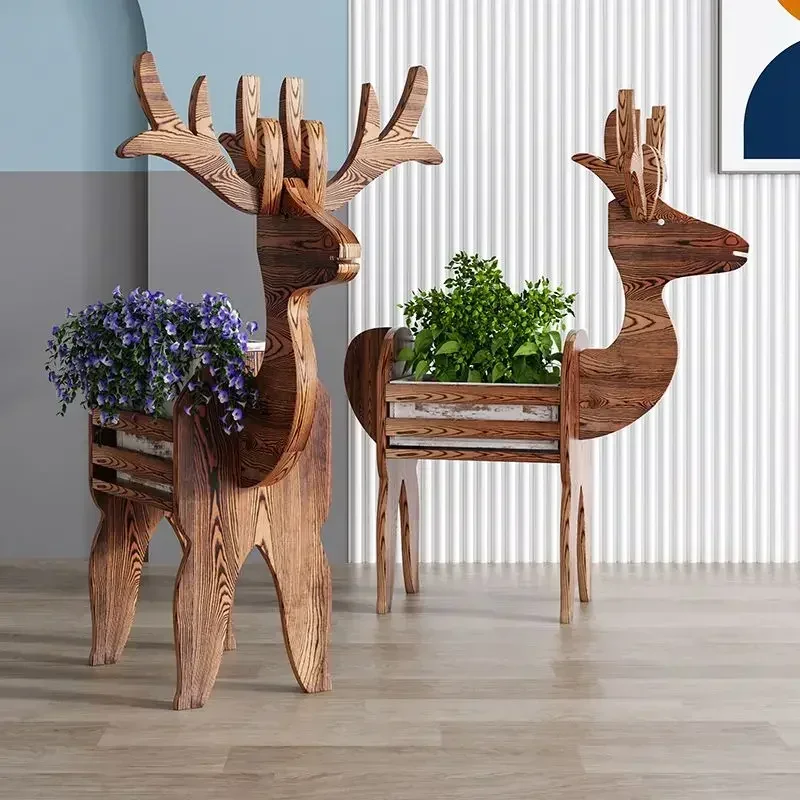 

Wood Deer Sculpture Interior Decoration Flower Pot Vintage Home Bedroom Living Room Luxury Decor Accessories Statue Ornaments