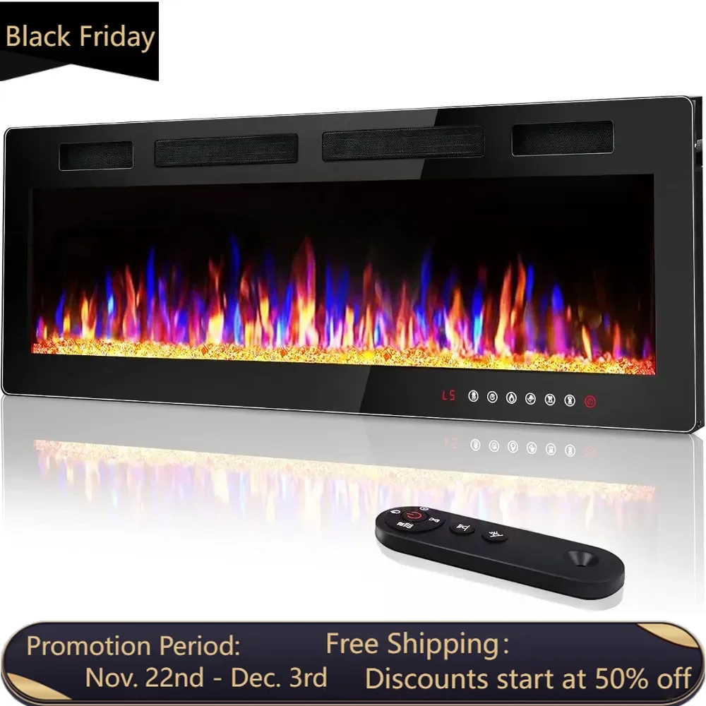 72 inch Ultra-Thin Electric Fireplace in-Wall Recessed and Wall Mounted Fireplace Heater, Linear Fireplace with Multicolor Flame