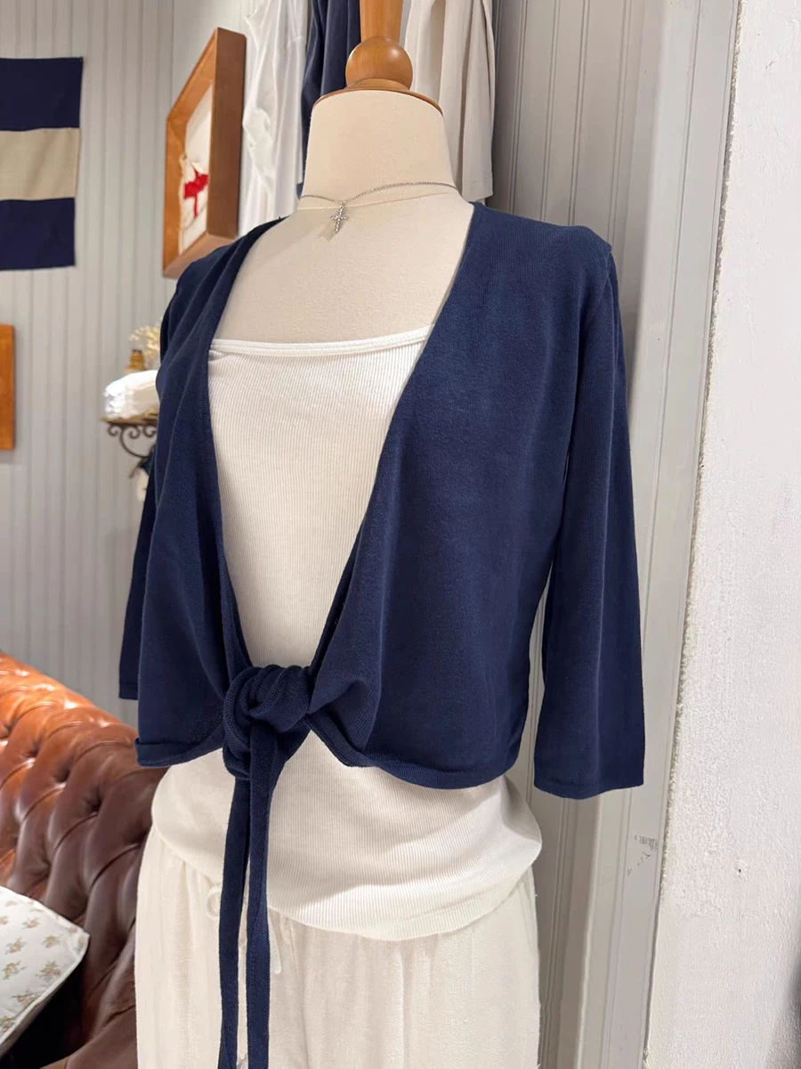 Navy Three Quarter Sleeve T-shirt Cardigan Woman Autumn Lace-up Cotton Smock American Vintagte Casual Preppy Style Crop Tops New