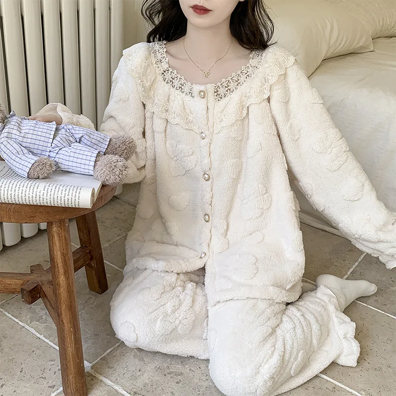 Herbst Winter Korallen Fleece Frauen Pyjamas Fleece-gefüttert Mädchen verdicken lange Ärmel warm halten bequeme Nachtwäsche Homewear Anzug