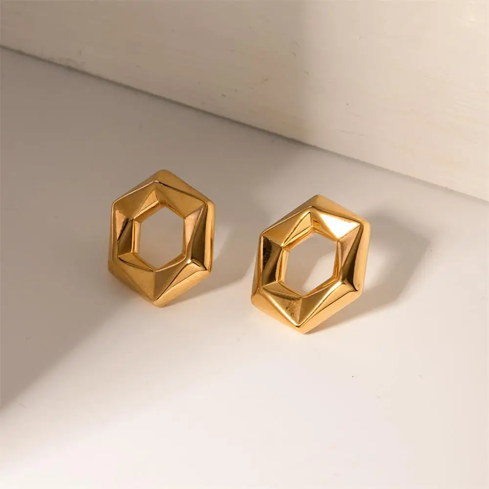 Minimalist Hollow Geometric Symmetry Gold Color Earrings Waterproof Chunky Star Ear Hoops PVD Huggie Vintage Jewelry Rust Proof - view 5
