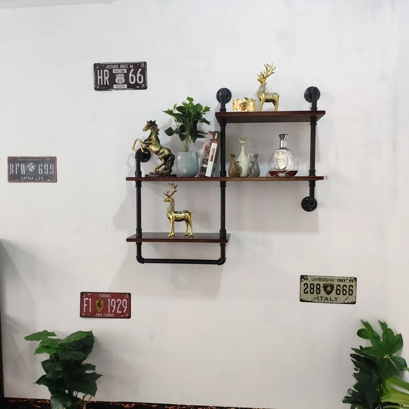Wrought iron water pipe wall rack wine rack industrial style decoration creative baffle wall shelf American wall decoration