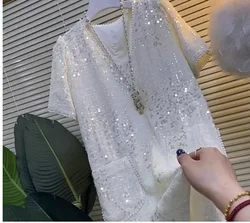 Large size sequined V-neck short-sleeved dress female 2024 summer new design sense niche fragrance temperament slim skirt