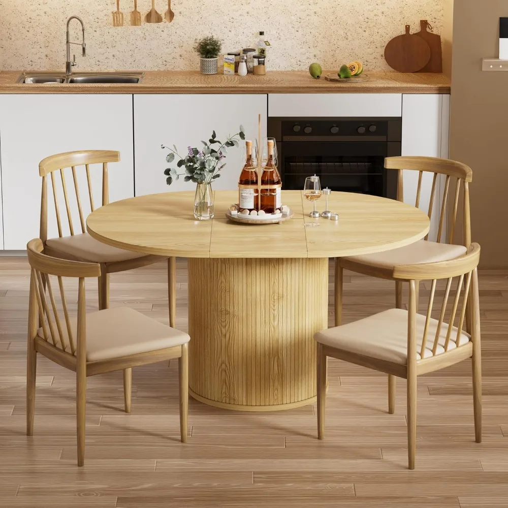 43.3''-59'' Round Extendable Dining Room Table for 4 People,Farmhouse Expandable with Wood Strip Base(Natural,Only Table)