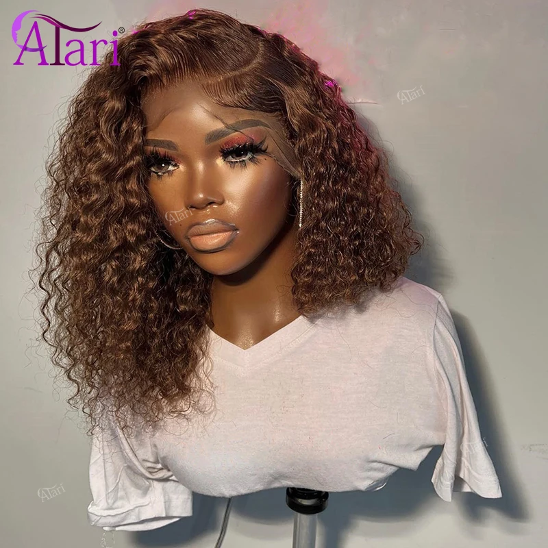 Chocolate Brown Jerry Curly Short Bob Human Hair Wigs Transaprent 13x4 Lace Frontal Pre Plucked Bob Wig for Women 180 Density