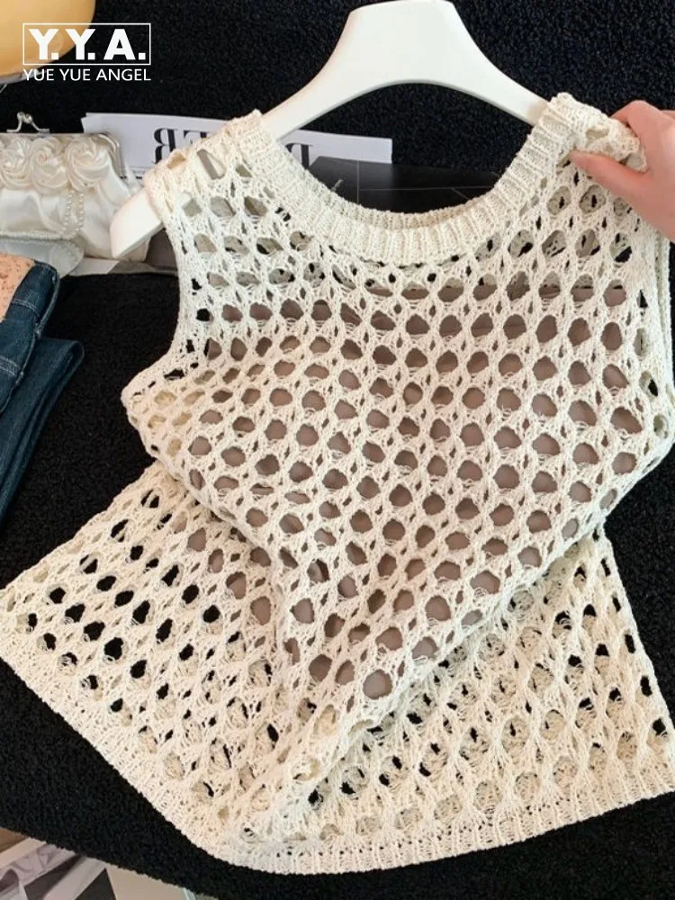 

Leisure Female Versatile Sleeveless Solid Color Hollow-Out Vest Summer Round Neck Tops Ladies Fashion Breathable Tank Top