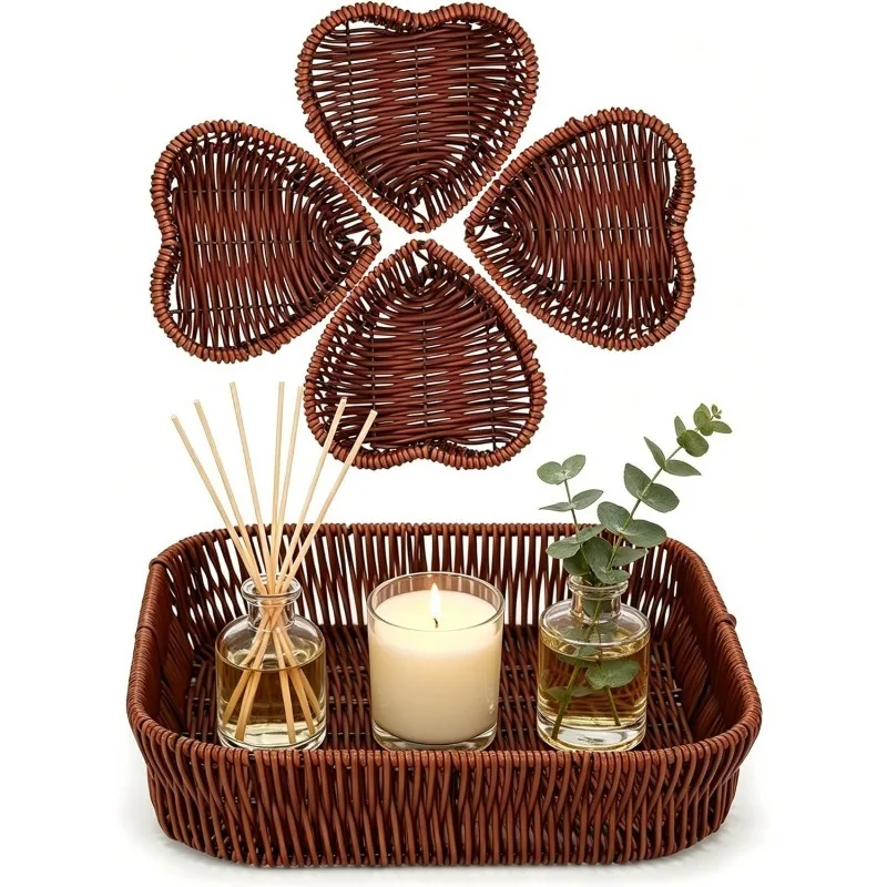 1Set Wicker Organizer Tray Set of 5, Synthetic Rattan, Square Tray with 4 Heart-Shaped Organizers, 10.2x10.2 Inch, Washable