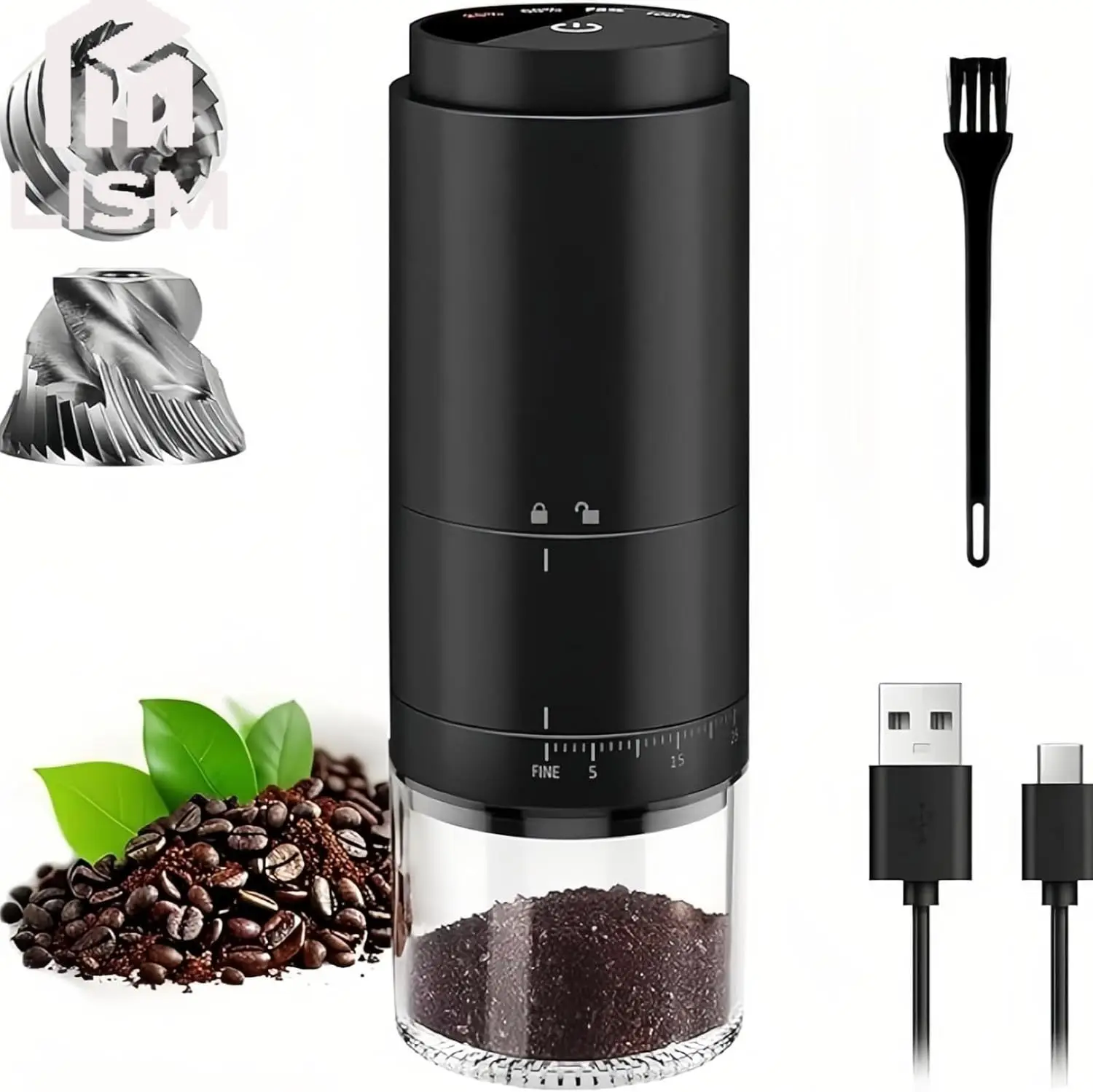 

Портативная электрическая кофемолка, перезаряжаемая офисная 38, регулируемые настройки шлифования, светодиодный индикатор заряда батареи, питание от аккумулятора