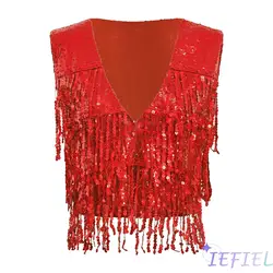 Women Sequin Fringe Vest Open Front Waistcoat Dancing Music Festival Costume Glitter Vest Coat Party Prom Jazz Dancewear
