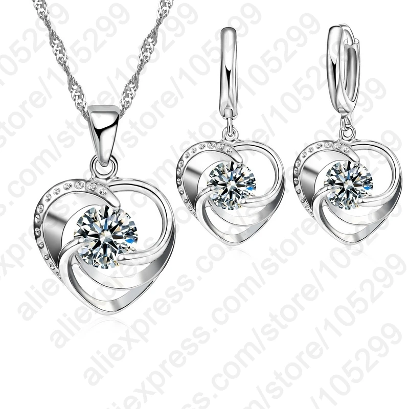 

Romantic Gift 925 Sterling Silver Jewelry Crystal CZ Heart Shape Pendant Woman Necklace Drop Earring Wedding Set Wholesale