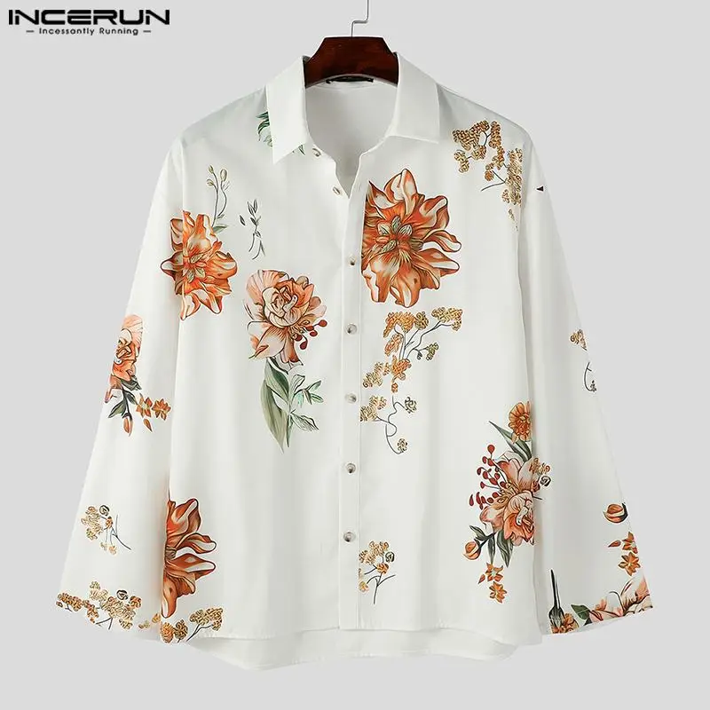 INCERUN-Tops de estilo americano para hombre, camisas holgadas con estampado Floral, blusa informal Hawaiana de manga larga con solapa, S-5XL, 2024