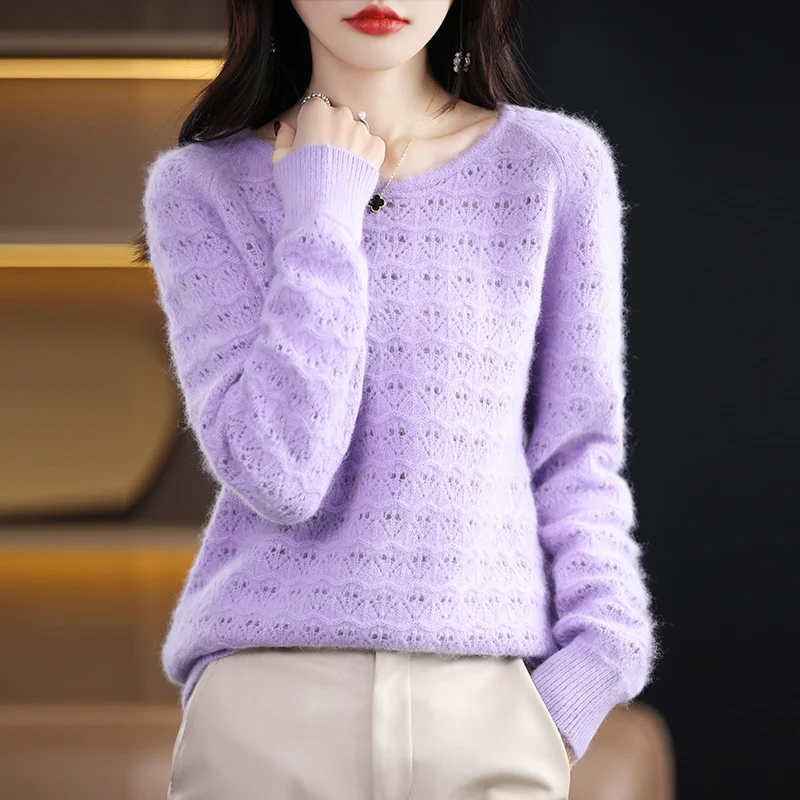 Women 100% Mink Cashmere Sweater Scoop Neck Hollow Out Pullover Autumn Winter Fashion Casual Knit Cashmere Sweater Bottoming Top