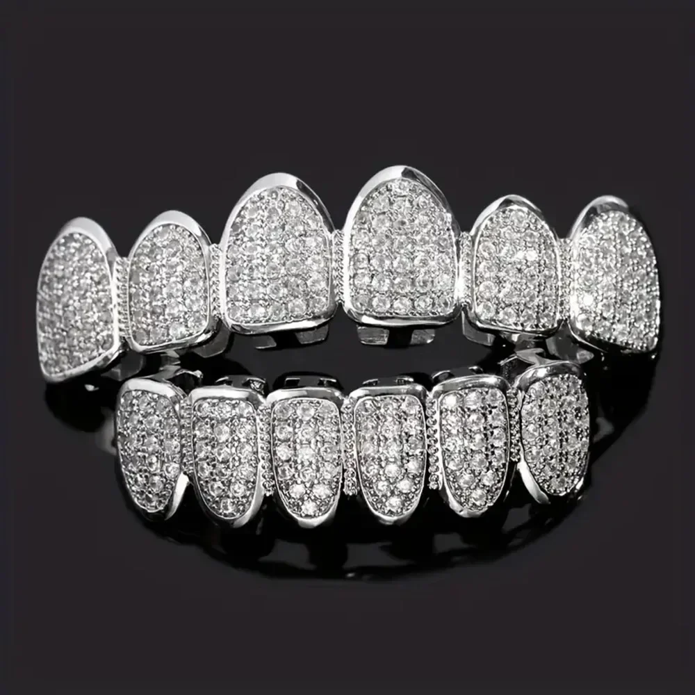 Zähne Grillz Set für Unisex Oben Unten Mund Silber Farbe Zähne Grills Zahn Kappe Abnehmbare Dental Mode Körper Schmuck