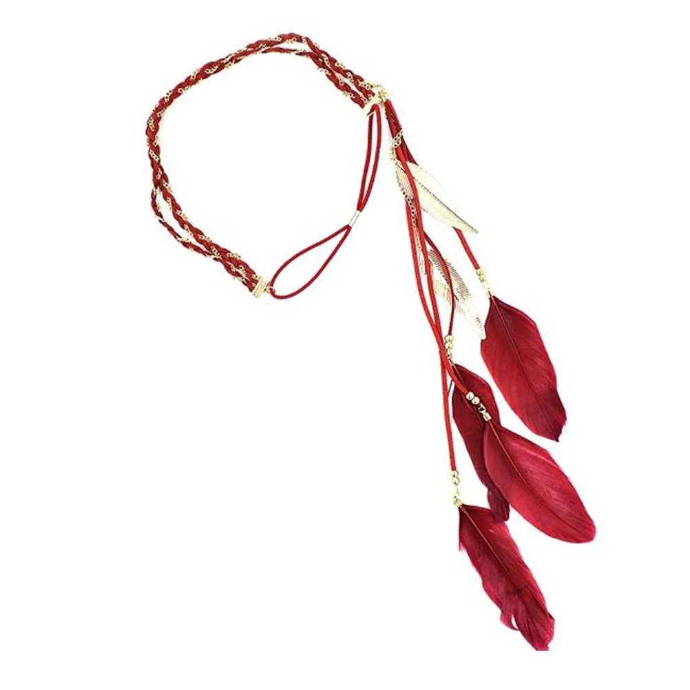 Hippie Head Wear Feather Tassel Headband Hairband Double Layer Red Weave Headdress