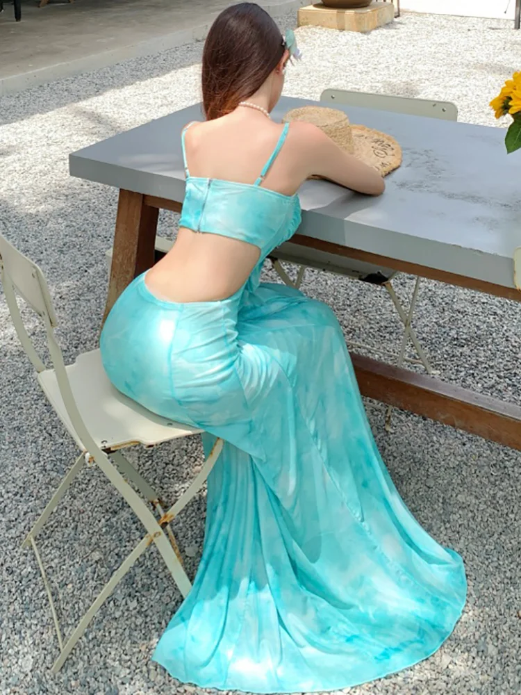 ฤดูร้อนสีเขียวตาข่ายพิมพ์ Hollow OUT ชุดผู้หญิงโบว์ลูกไม้สแควร์เซ็กซี่ชุดสลิง 2025 ใหม่เกาหลีสไตล์ชายหาดชุด