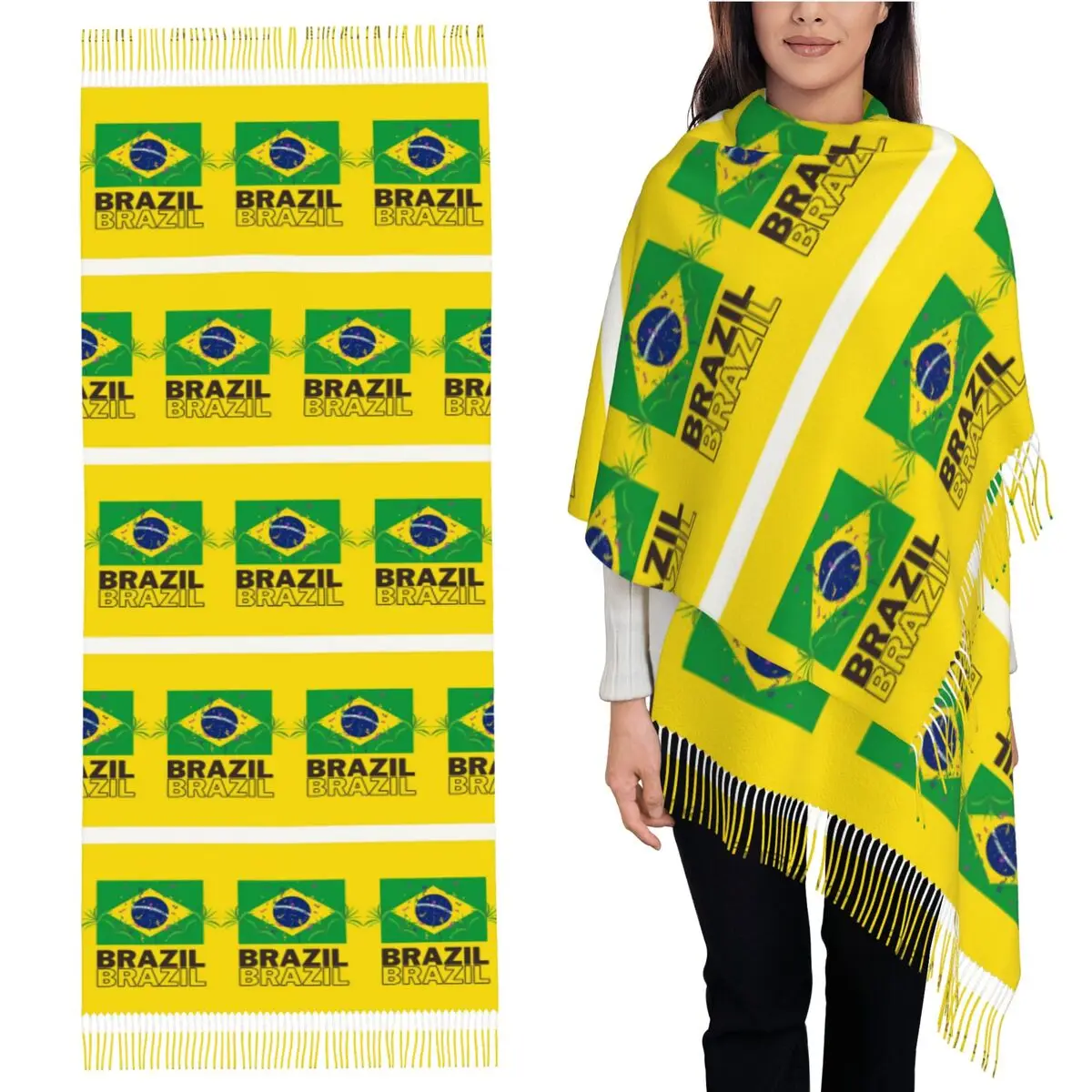 

Шарф с национальным флагом Бразилии, шарфы с кисточками для женщин, мягкие теплые шали и накидки, длинная осенне-зимняя шаль
