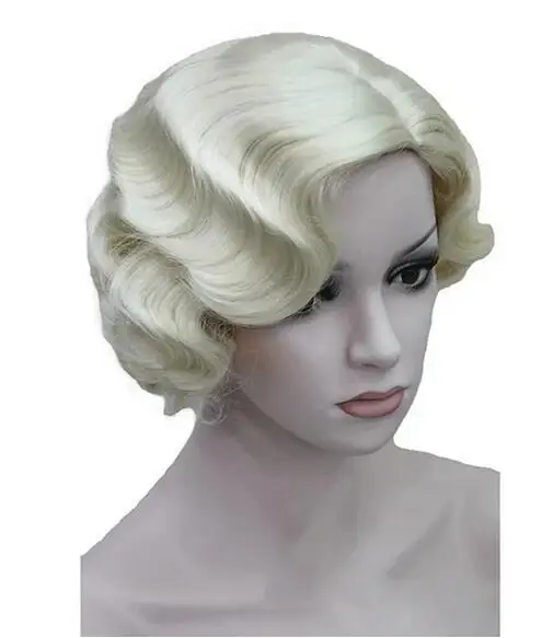 Wig rambut sintetis 2020 untuk wanita, Wig Cosplay Halloween gaya Retro, gelombang jari, Wig sintetis pendek