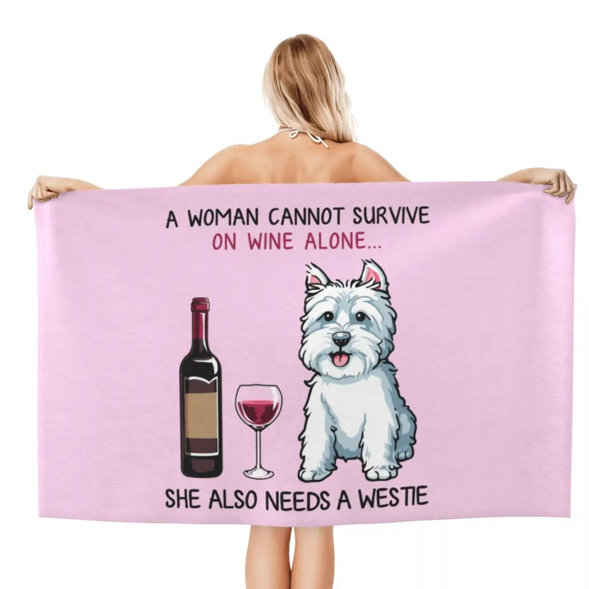 Custom Westie And Wine Dog Cartoon Beach Towel Quick Drying West Highland White Terrier Linen Microfiber Bathroom Sauna Towels