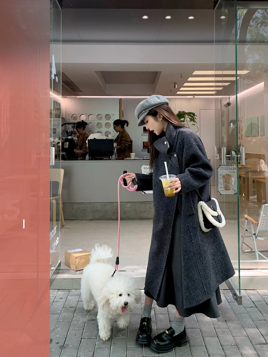 

Женское шерстяное пальто Huazuo с воротником-стойкой, осенне-зимнее, свободного кроя, средней длины, модная верхняя одежда в корейском стиле, тренчкот