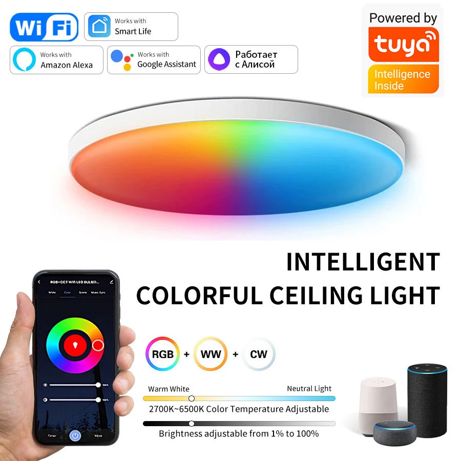AC85-265V Tuya WiFi Bluetooth Smart Ceiling Light Smart Life APP Alexa Google Home Voice Control 24W Round LED RGB WW CW Lamp