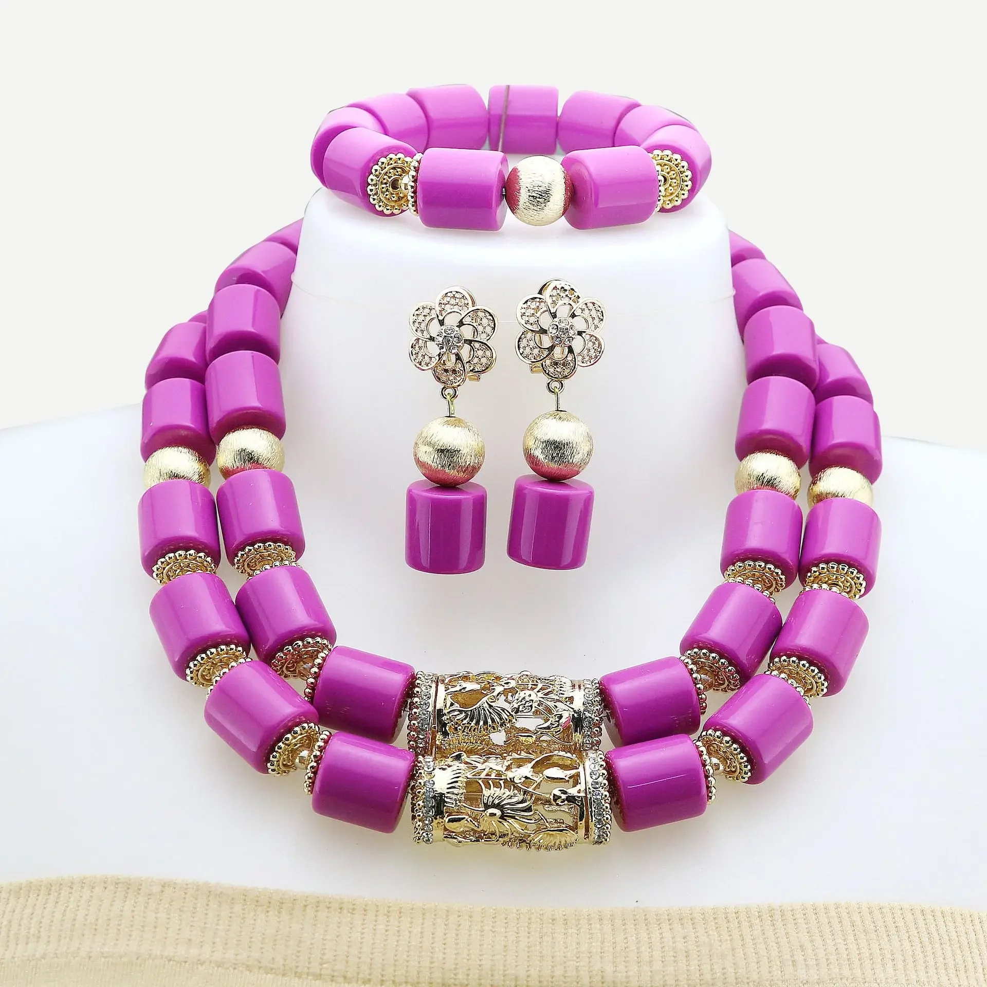 

Wedding Bridal Resin Jewelry Set African Nigerian Beads Necklace Earrings Bracelet Sets for Women Vintage Long Sweater Collar