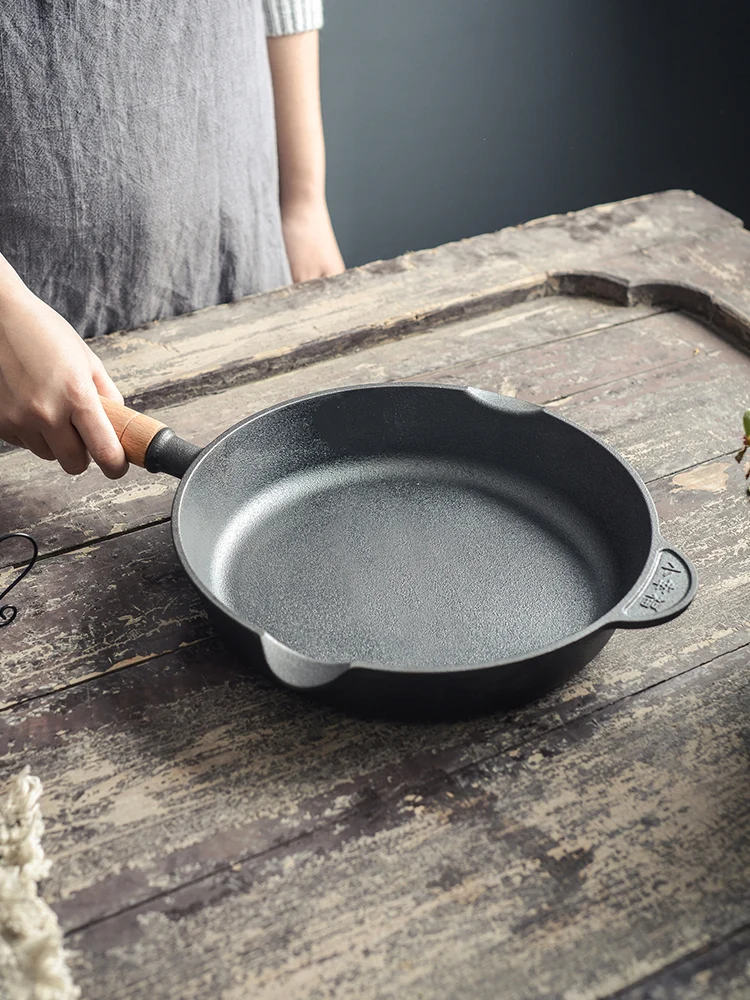 Small Happiness Wooden Handle Cast Iron Pan Household Frng Pan Uncoated Non-Stick Pan Steak Pancake Pan Gas Universal