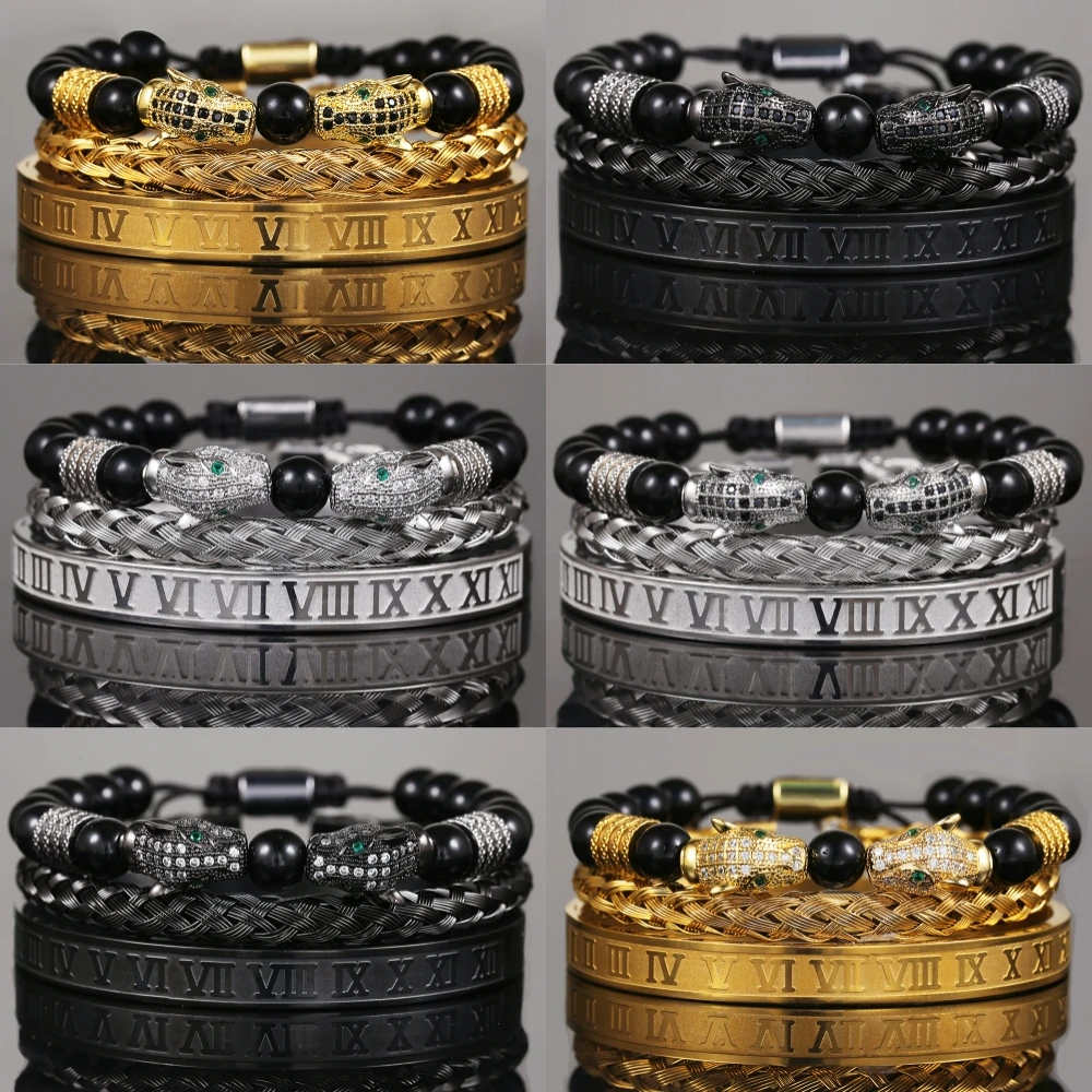 Personality Niche Punk Style Men's Black Double Leopard Head Braided Bracelet Stainless Steel Roman Numerals Bracelet Sets