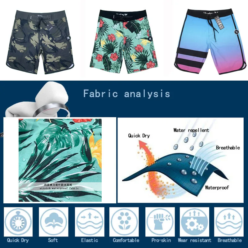 Shorts de praia de secagem rápida masculino, roupa de natação surf, tecidos de poliéster, curto, lazer, terno esportivo, verão, 2024