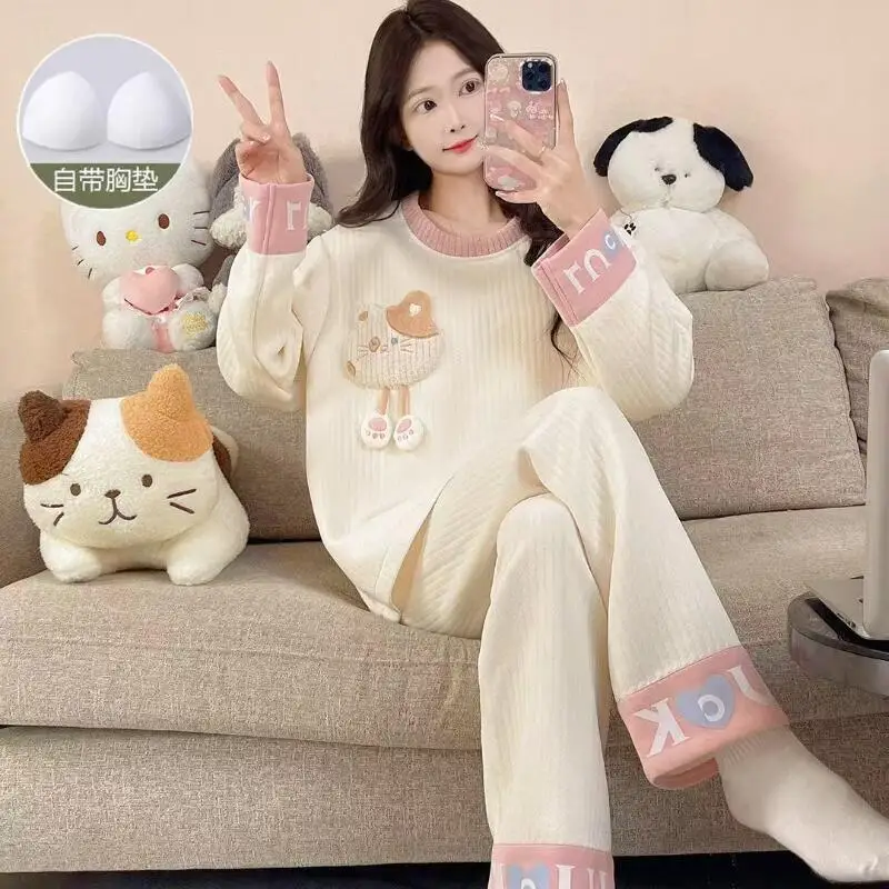 

Лидер продаж 202, женский осенне-зимний модный новый милый мягкий удобный пижамный комплект Hellokitty, утепленные теплые штаны, комплект домашней одежды