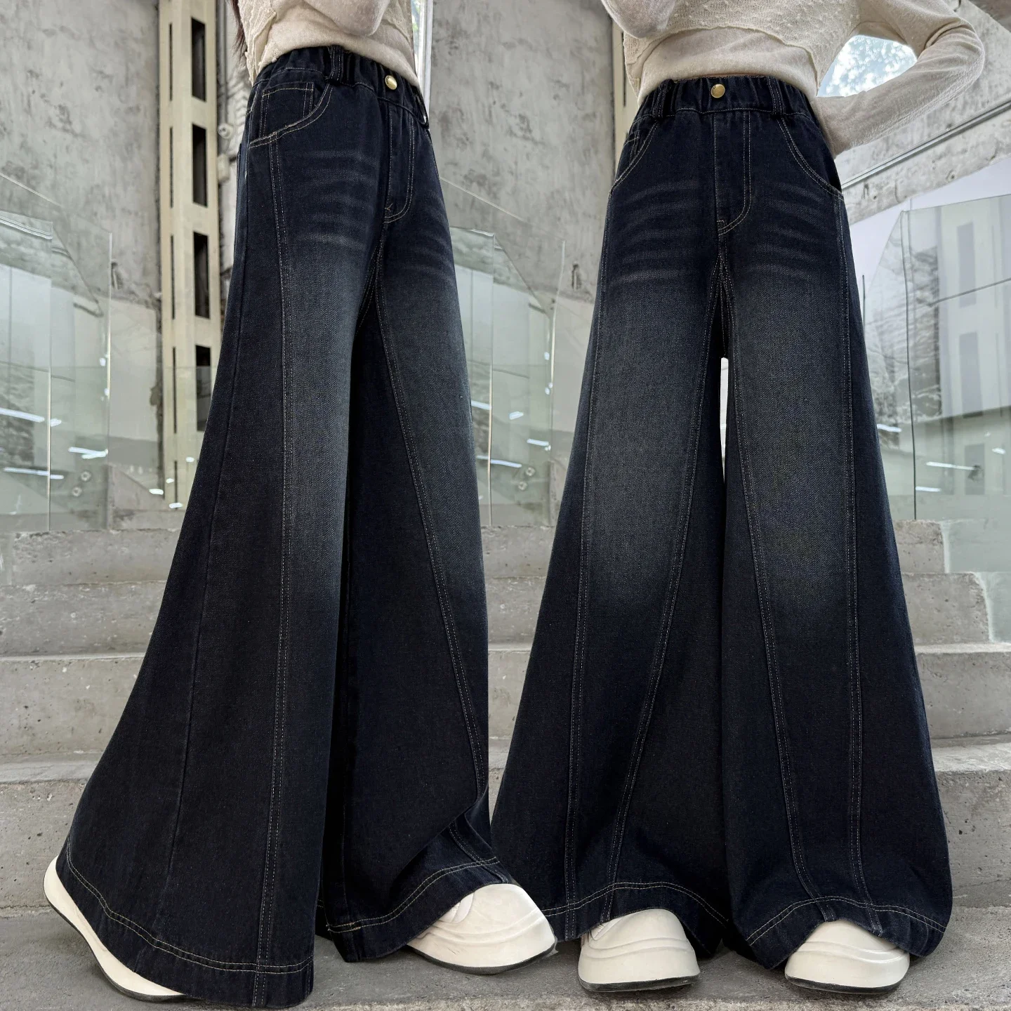 

NewGirls' 2025 Новые высококачественные красивые осенне-зимние простые повседневные джинсовые брюки с прямыми штанинами и широкими штанинами, 4-15 лет